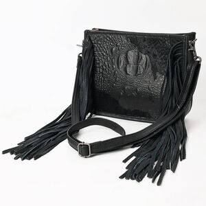 Black Croc Embossed Leather Fringe Crossbody  Western Cowgirl Rodeo